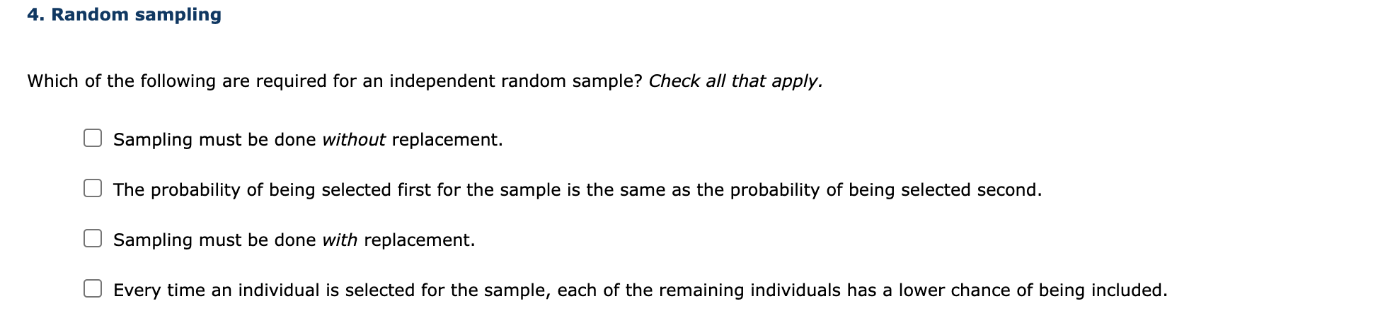 Solved 4. Random sampling Which of the following are | Chegg.com