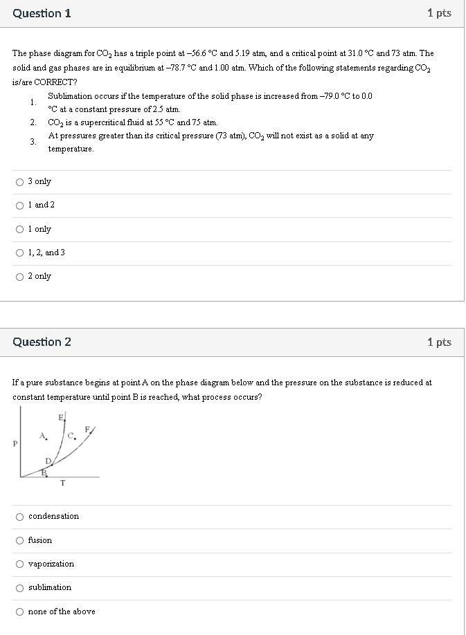 Solved Question 1 1 pts The phase diagram for CO2 has a | Chegg.com