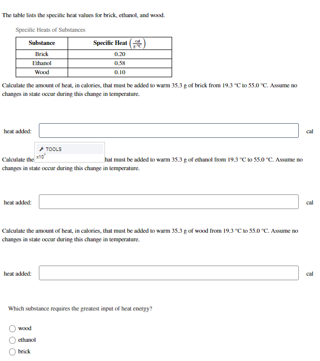 Solved The table lists the specific heat values for brick, | Chegg.com