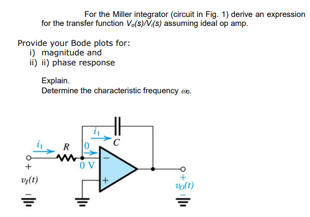 Solved For the Miller integrator (circuit in Fig. 1) derive | Chegg.com