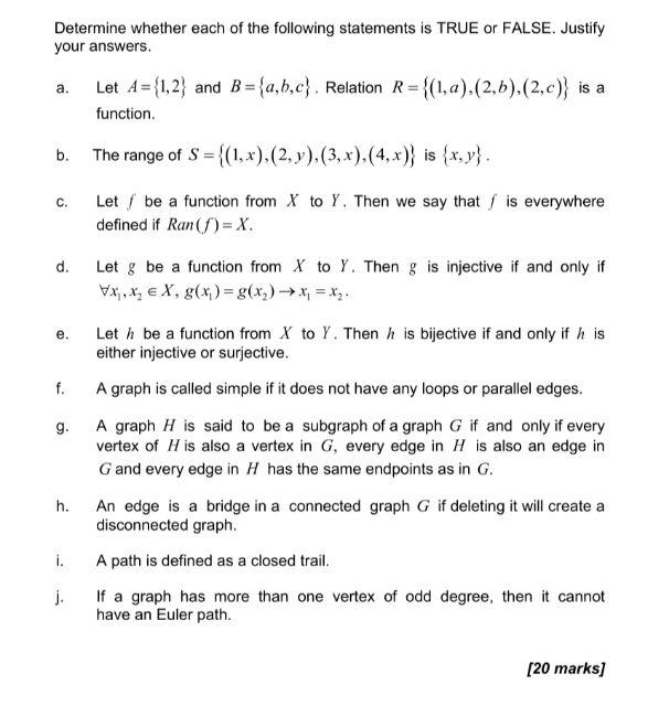 Solved Determine Whether Each Of The Following Statements Is | Chegg.com