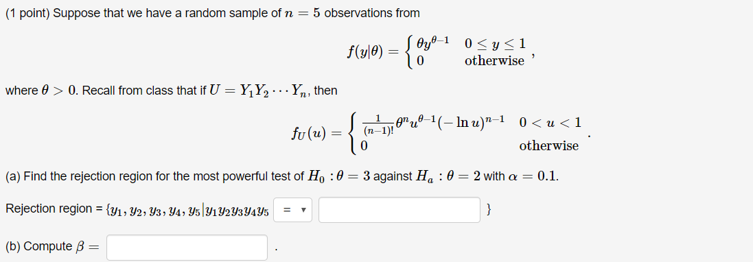 Solved (1 point) Suppose that we have a random sample of n = | Chegg.com