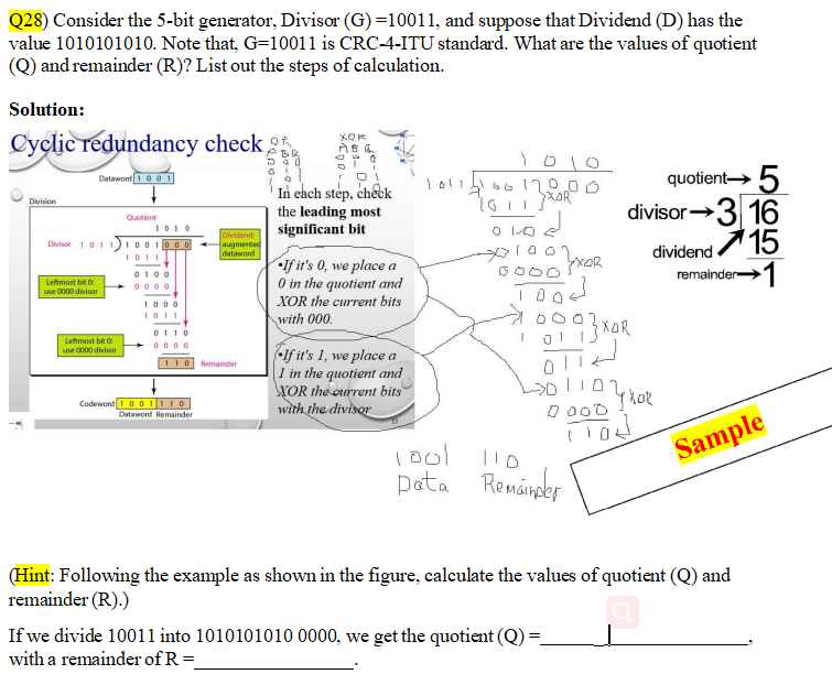 Solved Q28) Consider the 5-bit generator, Divisor (G)=10011, | Chegg.com