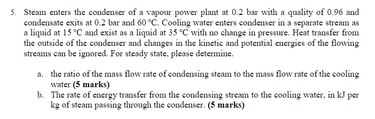 Solved 5. Steam Enters The Condenser Of A Vapour Power Plant 