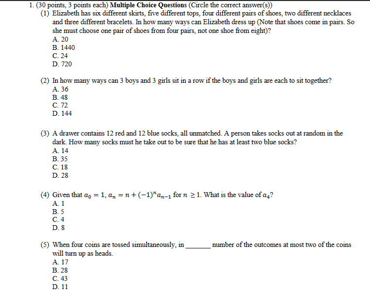 Solved 1. (30 points, 3 points each) Multiple Choice | Chegg.com