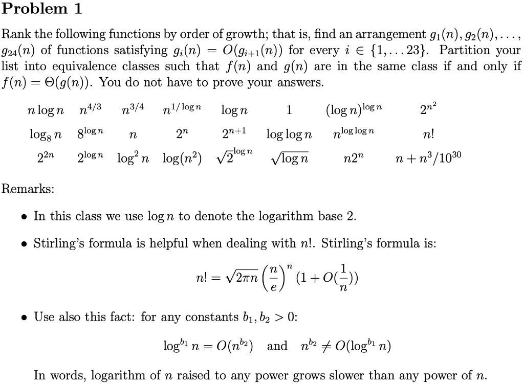 Solved Problem 1 Rank the following functions by order of | Chegg.com