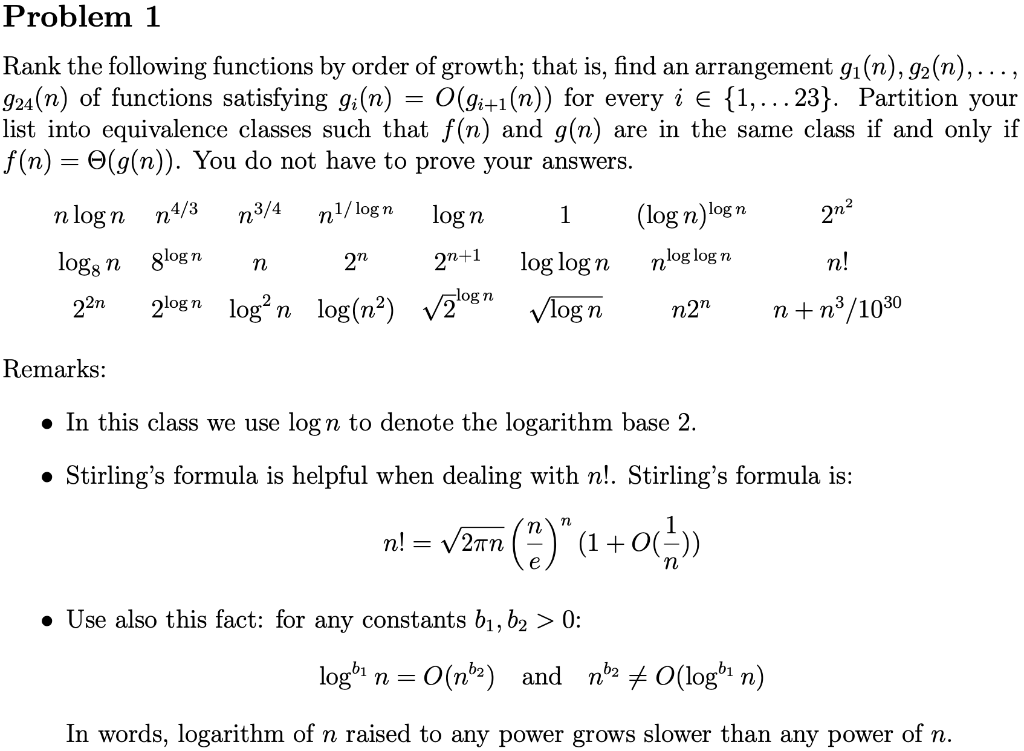 Solved Problem 1 Rank The Following Functions By Order Of | Chegg.com