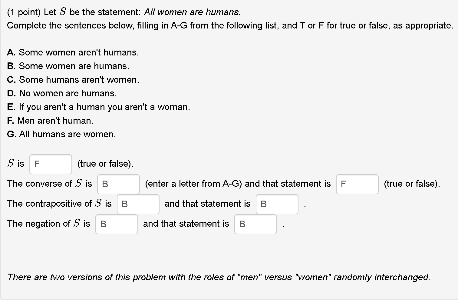 Solved (1 Point) Let S Be The Statement: All Women Are | Chegg.com