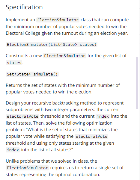 Specification Implement an ElectionSimulator class | Chegg.com