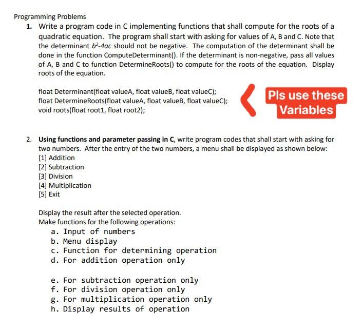 Solved Programming Problems 1. Write a program code in C | Chegg.com