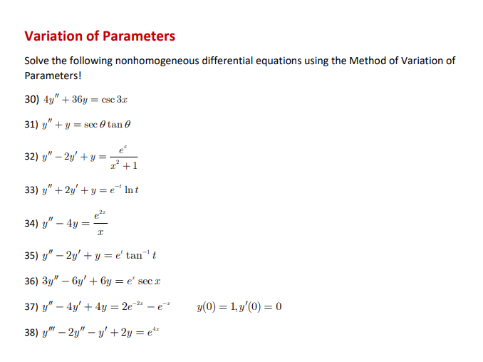 Solved Variation Of Parameters Solve The Following | Chegg.com