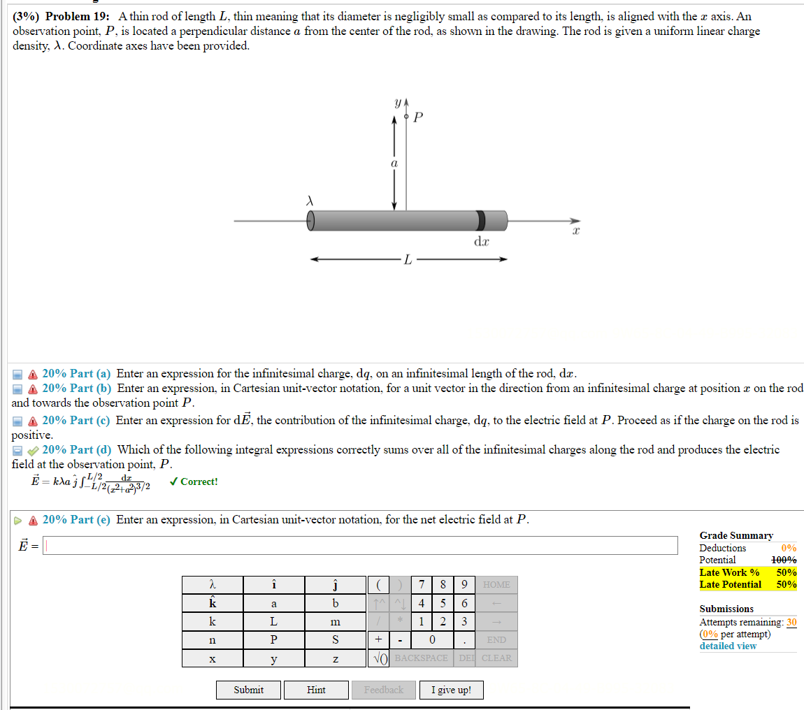 (3%) Problem 19: A thin rod of length L, thin meaning that its diameter is negligibly small as compared to its length, is ali