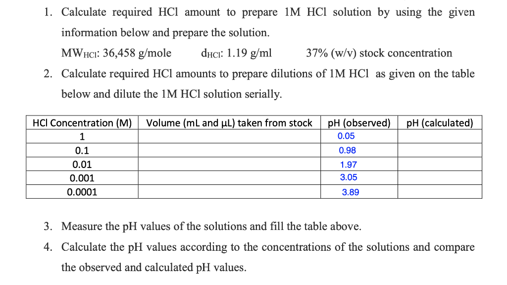 Solved 1 Calculate Required Hcl Amount To Prepare Im Hcl Chegg Com