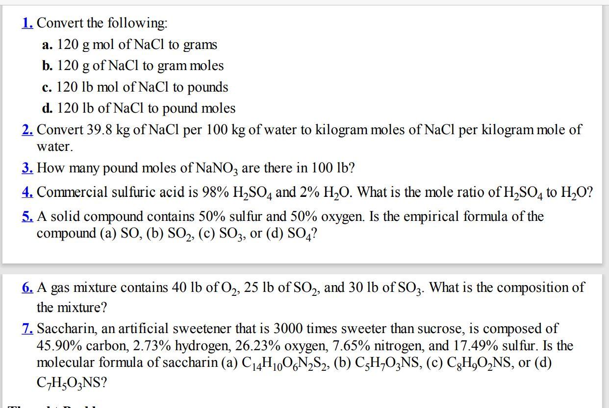 Solved 1. Convert the following a. 120 g mol of NaCl to