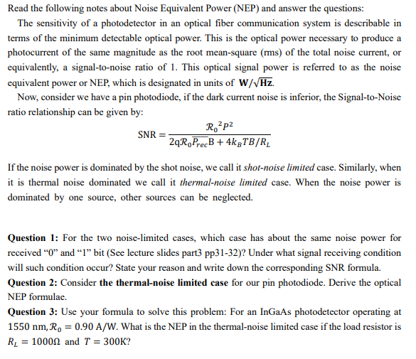 Solved Read The Following Notes About Noise Equivalent Power | Chegg.com