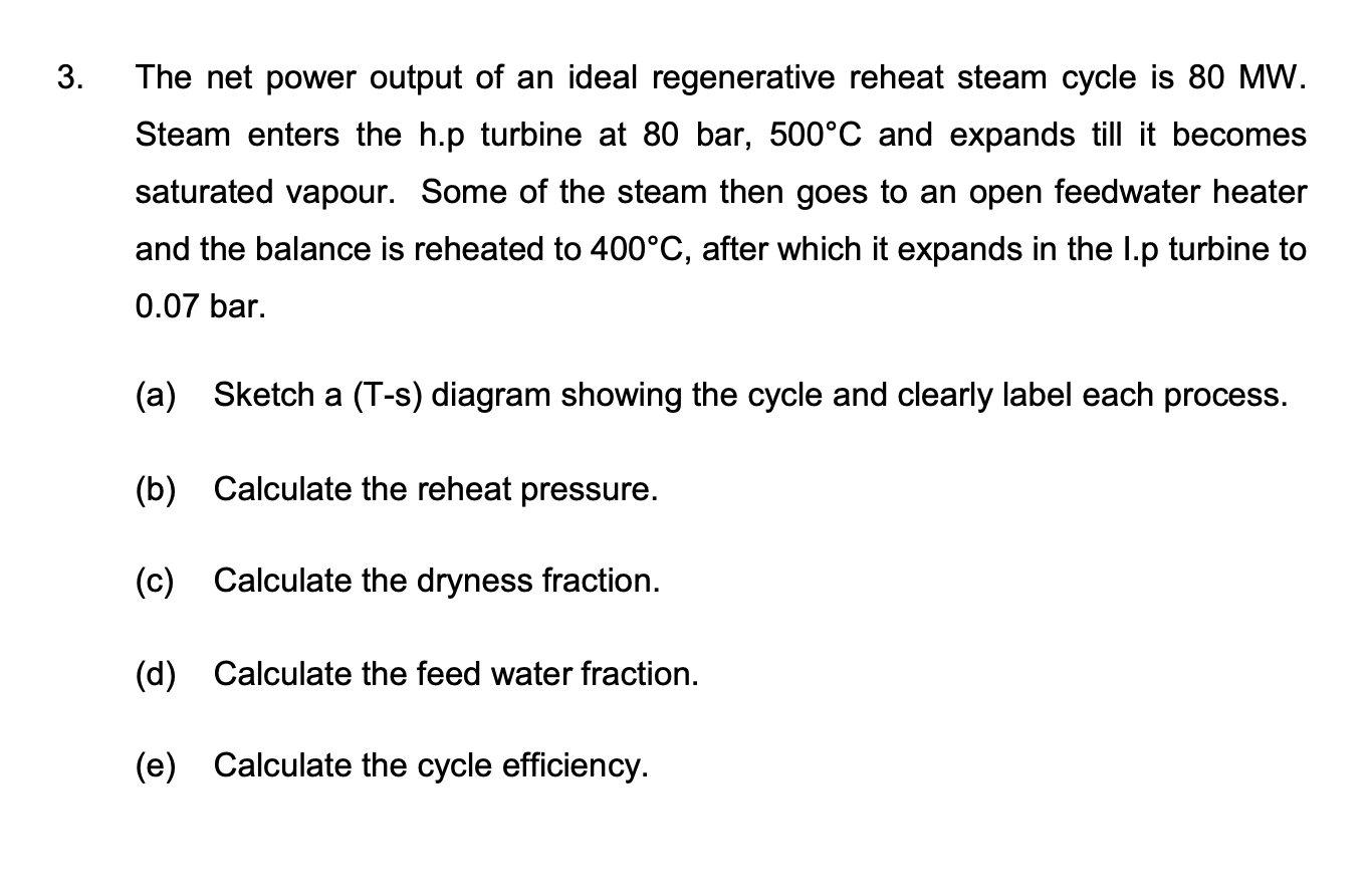 Solved The net power output of an ideal regenerative reheat