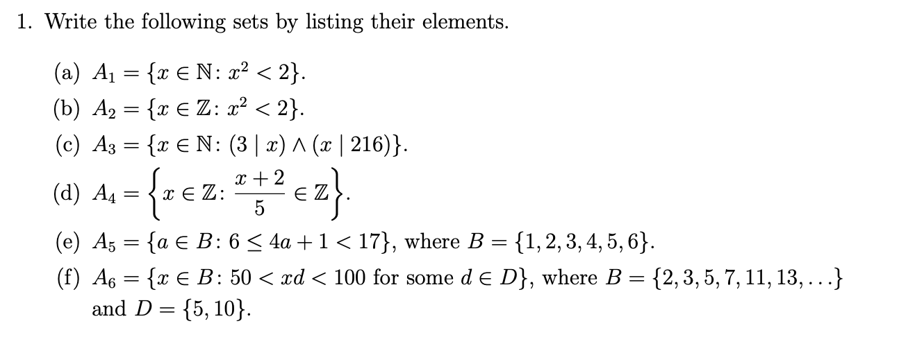 Solved 1. Write the following sets by listing their | Chegg.com