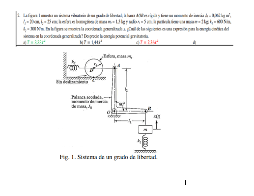 2. La figura I muetra un sistema vibralatio de un grado de libertad, la kam \( A O B \) e rigida y tiene un momeno de inercia