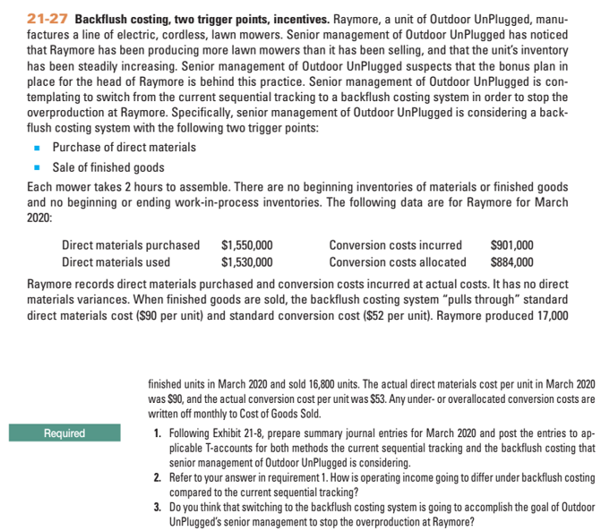 Solved 2127 Backflush costing, two trigger points,