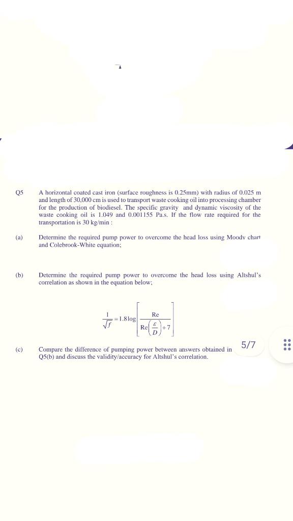 Solved 05 A horizontal coated cast iron (surface roughness