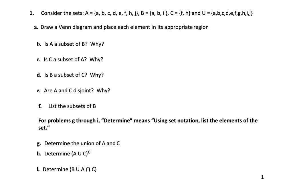 Solved 1. Consider The Sets: A = {a, B, C, D, E, F, H, J), B | Chegg.com