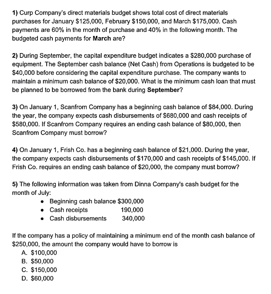 Solved 1) Curp Company's direct materials budget shows total