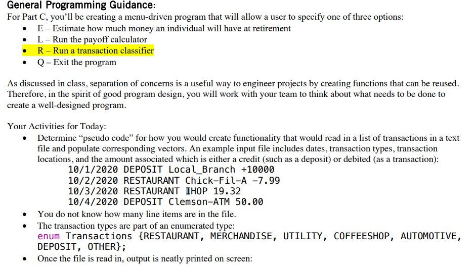 General Programming Guidance: For Part C, you'll be | Chegg.com