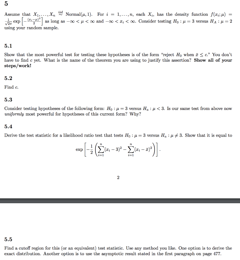 Solved 5 Assume that X1, ..., X, a Normal(u, 1). For i = 1, | Chegg.com