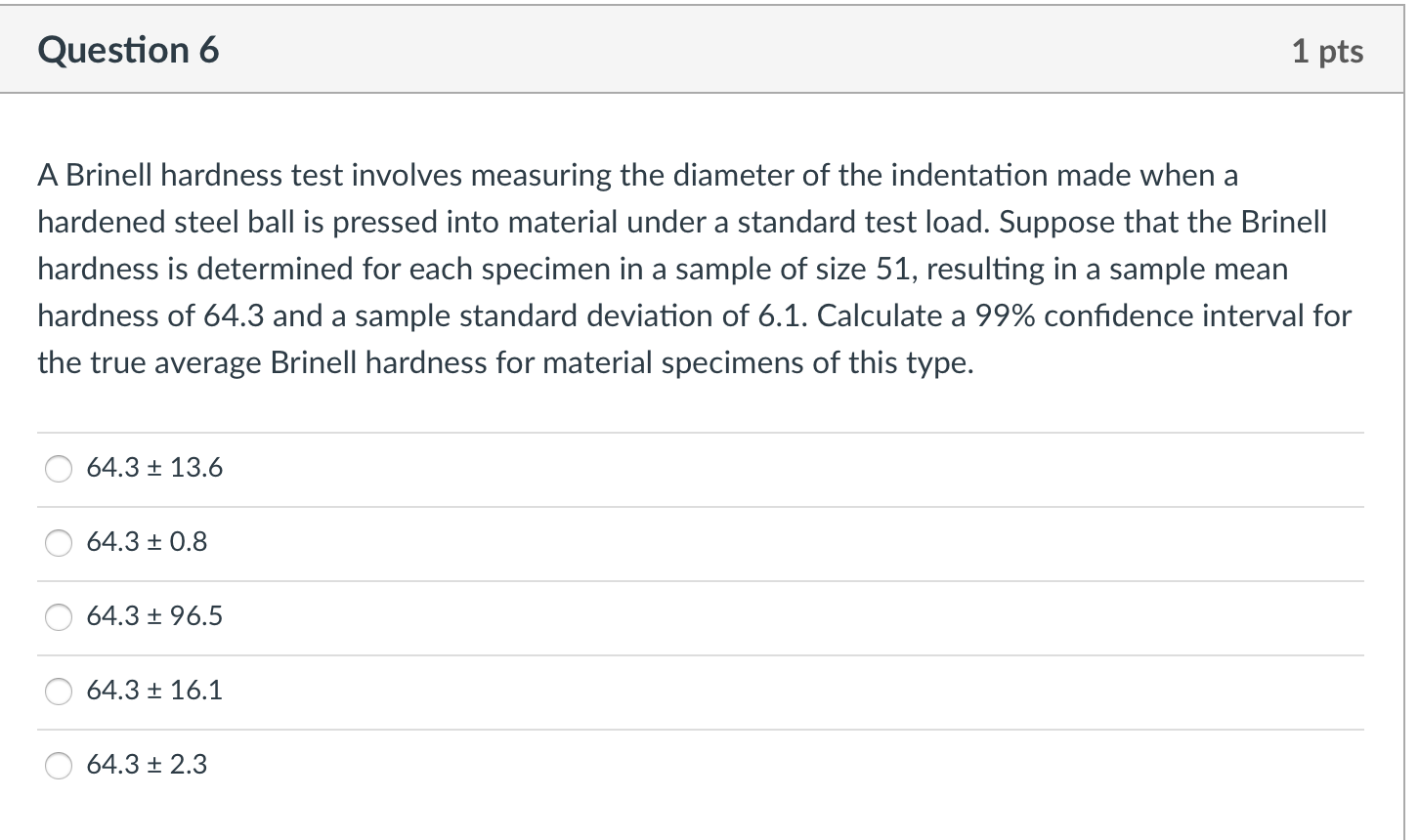 Solved Question 6 1 pts A Brinell hardness test involves
