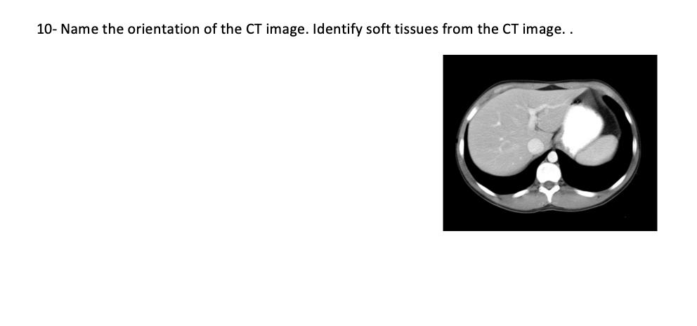 10- Name the orientation of the \( \mathrm{CT} \) image. Identify soft tissues from the \( \mathrm{CT} \) image. .