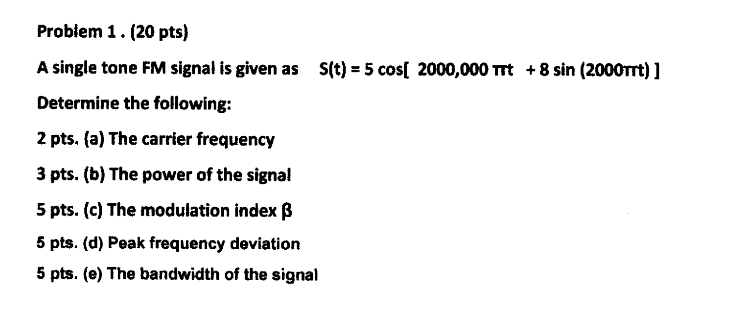 Solved Problem 1. (20 pts) A single tone FM signal is given | Chegg.com