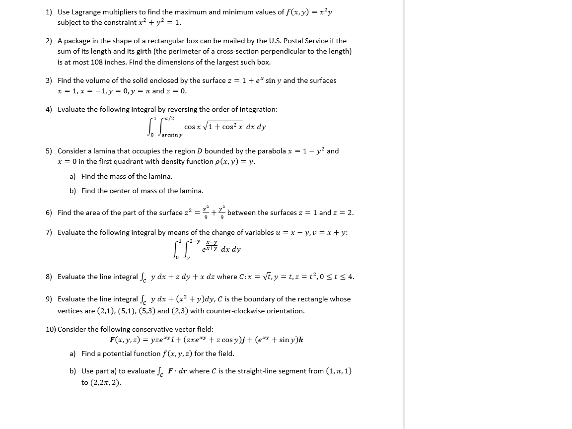 Solved 1) Use Lagrange multipliers to find the maximum and | Chegg.com