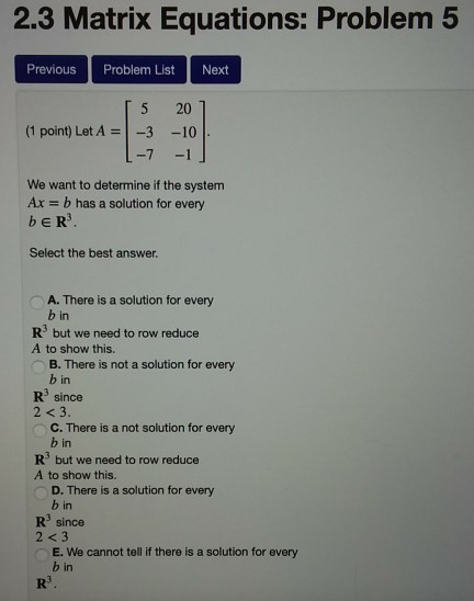 Solved 2.3 Matrix Equations: Problem 5 Previous Problem List | Chegg.com