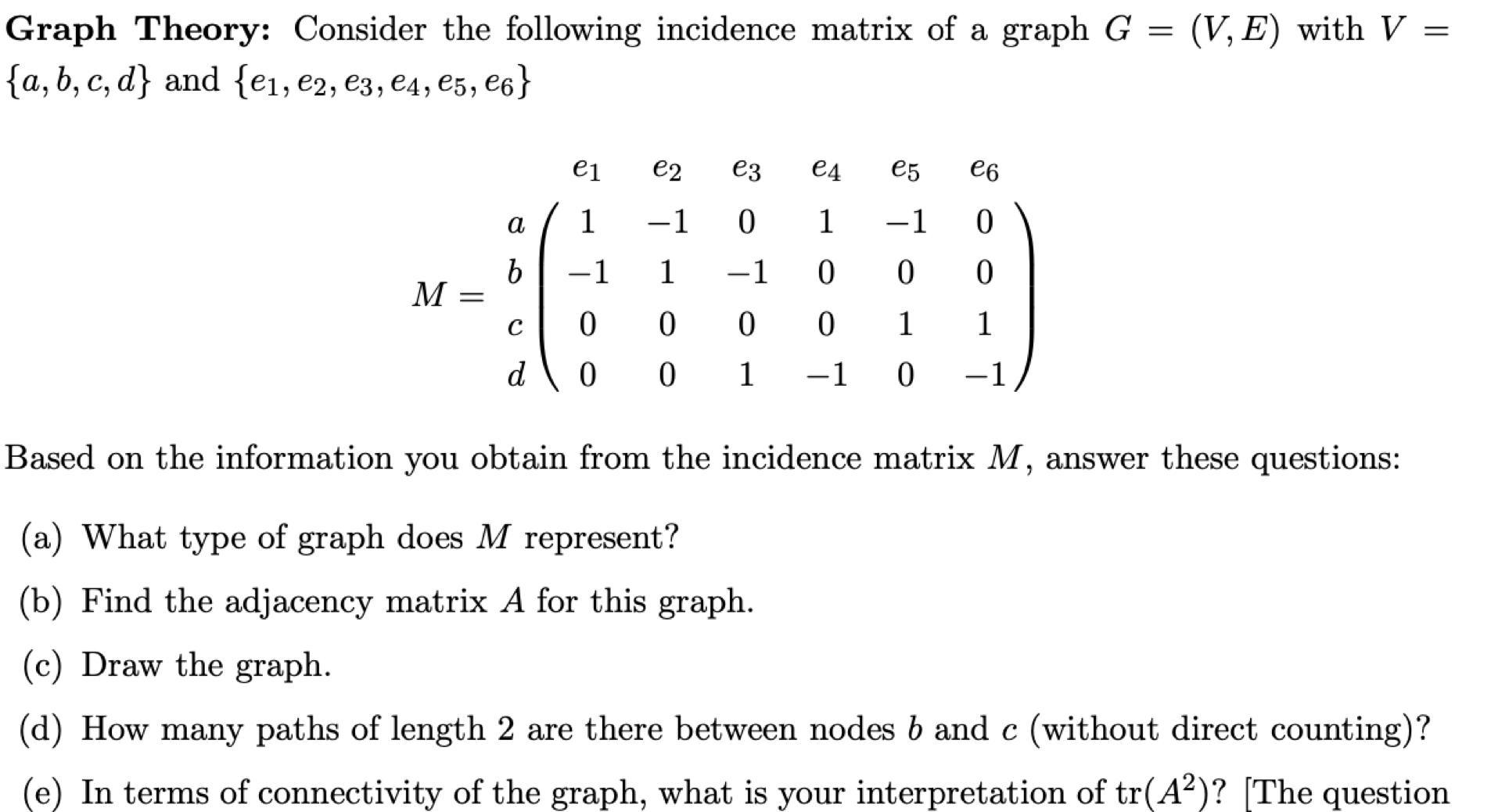 Solved Graph Theory: Consider the following incidence matrix | Chegg.com