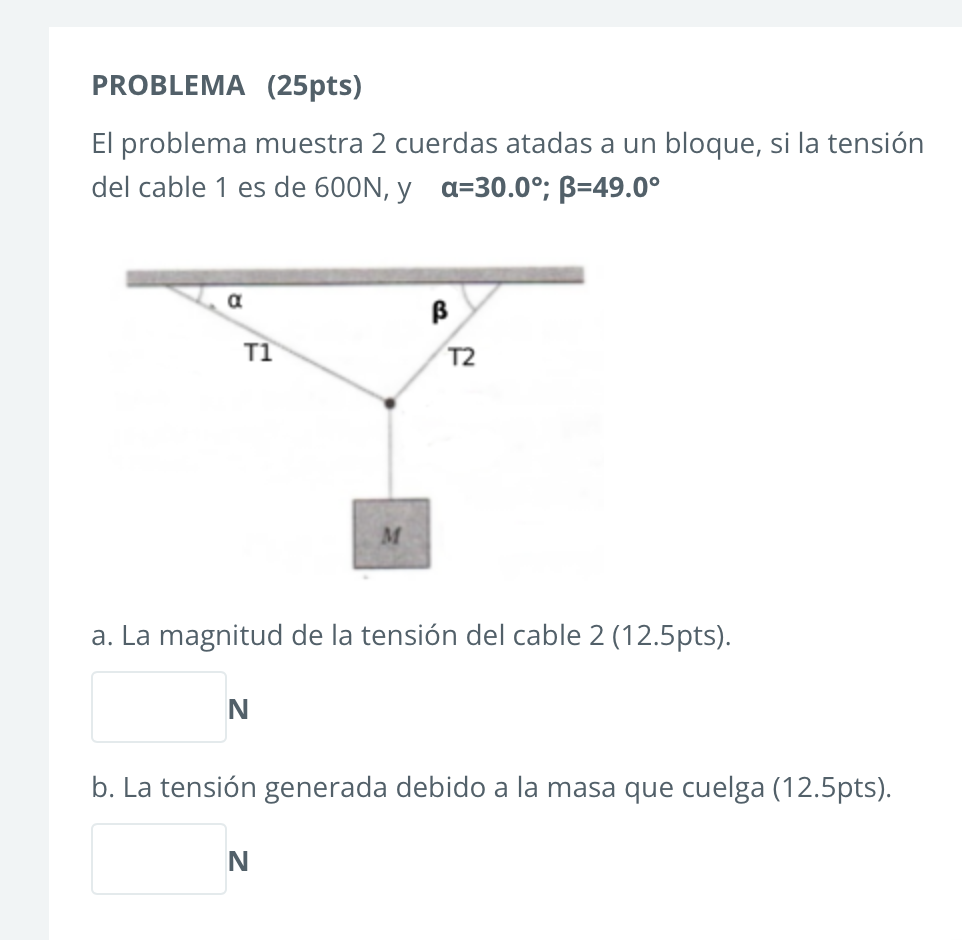 PROBLEMA (25pts) El problema muestra 2 cuerdas atadas a un bloque, si la tensión del cable 1 es de 600N, y a=30.0°; B=49.0° a