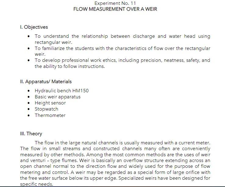 Experiment No. 11 FLOW MEASUREMENT OVER A WEIR I.