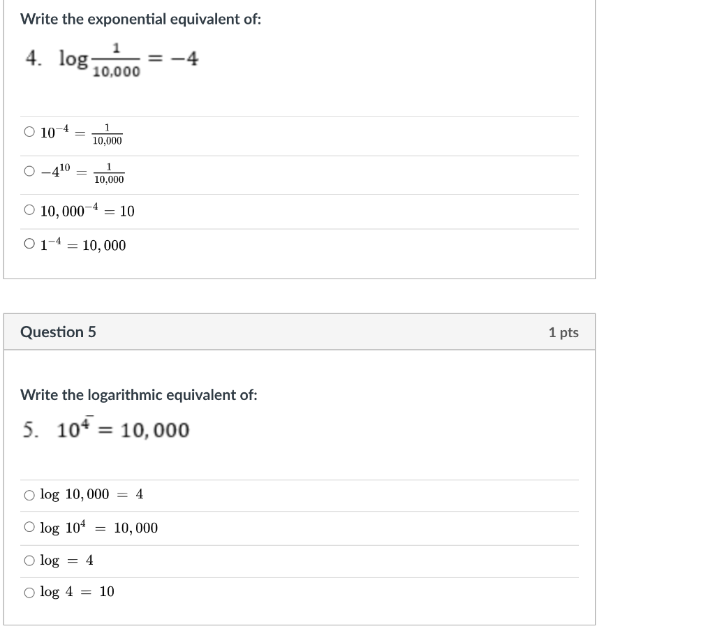Solved Write the exponential equivalent of 4. log, 1 = 4