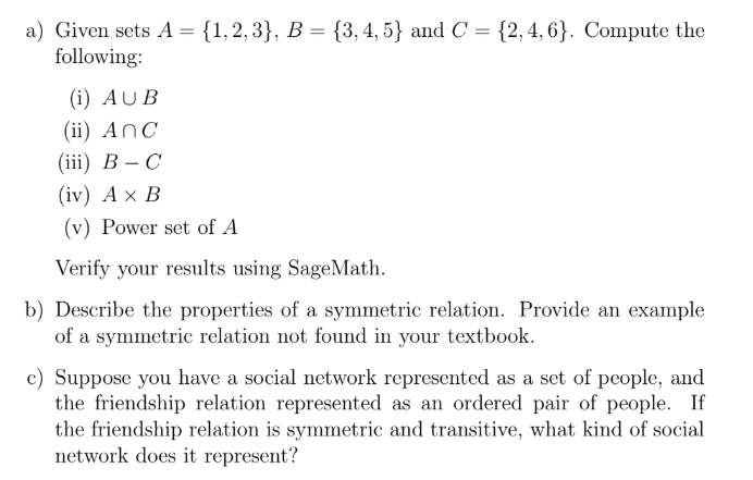 Solved A) Given Sets A={1,2,3},B={3,4,5} And C={2,4,6}. | Chegg.com