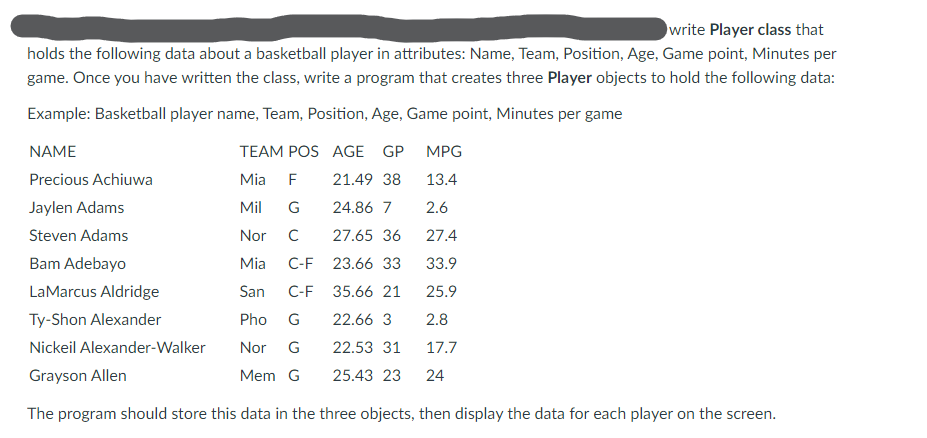 Solved write Player class that holds the following data | Chegg.com