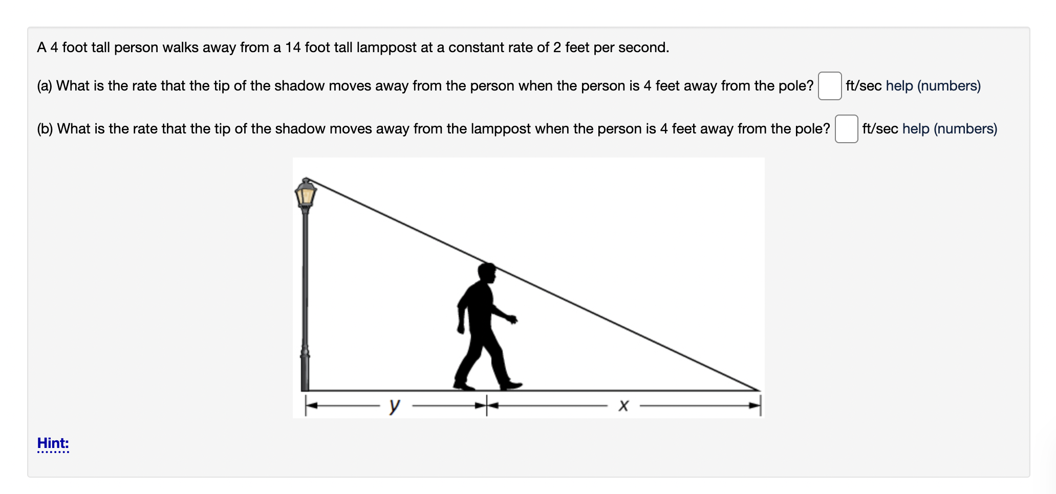 Solved A 4 foot tall person walks away from a 14 foot tall | Chegg.com