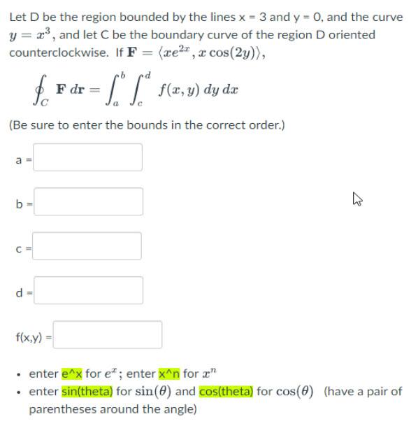 Solved Let D be the region bounded by the lines x = 3 and y | Chegg.com