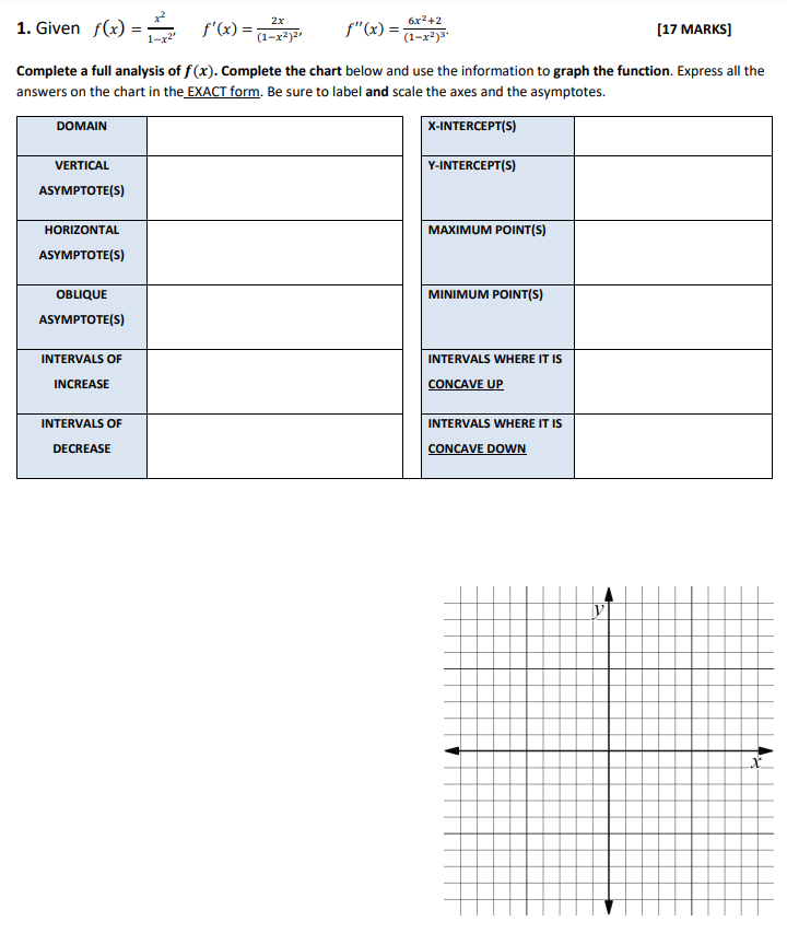 Solved 1. Given \\( f(x)=\\frac{x^{2}}{1-x^{2}}, \\quad | Chegg.com
