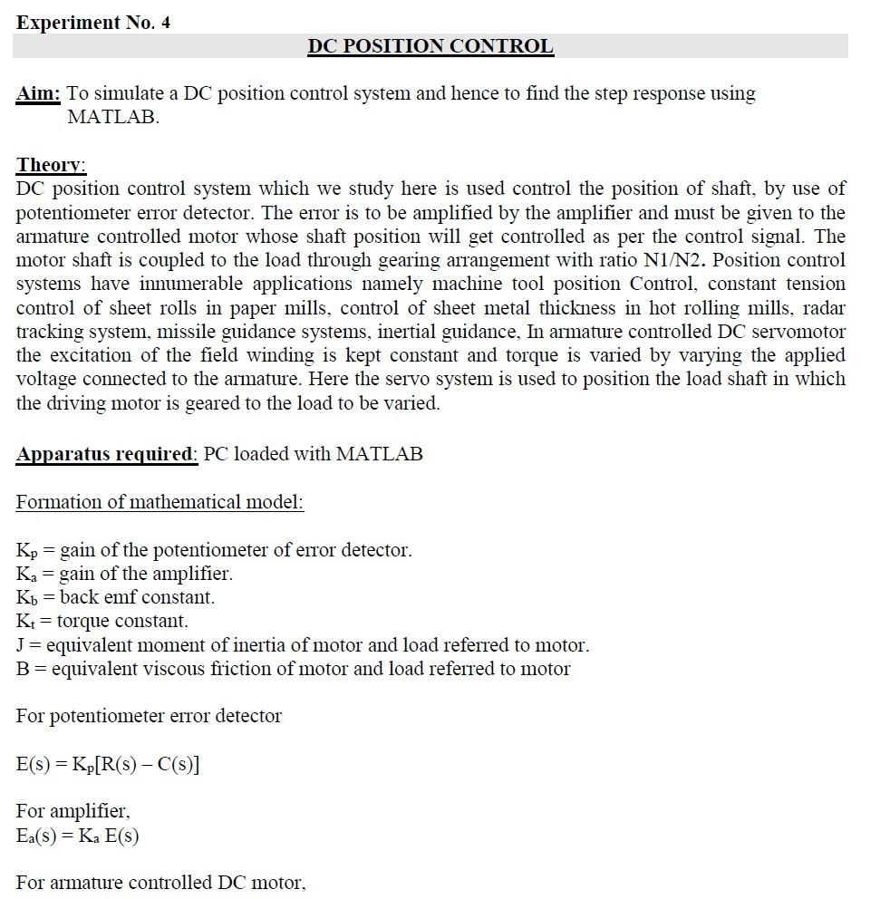 Experiment No. 4 DC POSITION CONTROL Aim To simulate