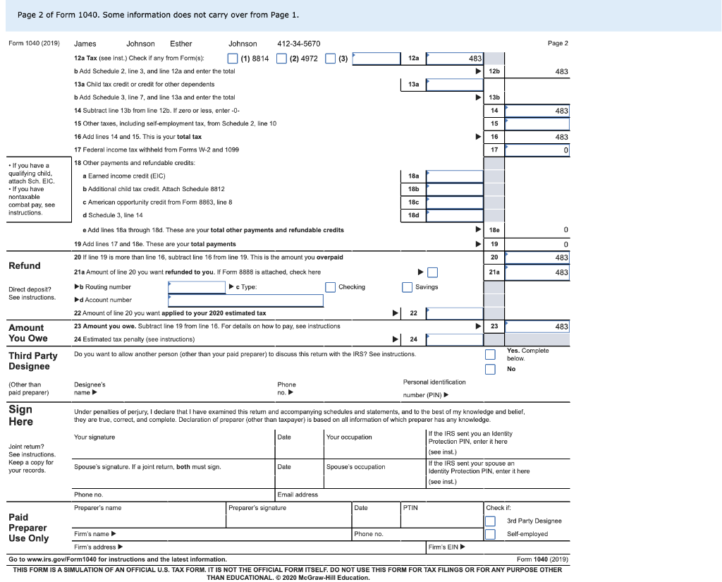 Page 1 of Form 1040. Use provided information and | Chegg.com | Chegg.com