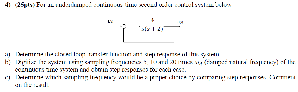 4) (25pts) For an underdamped continuous-time second order control system below
a) Determine the closed loop transfer functio