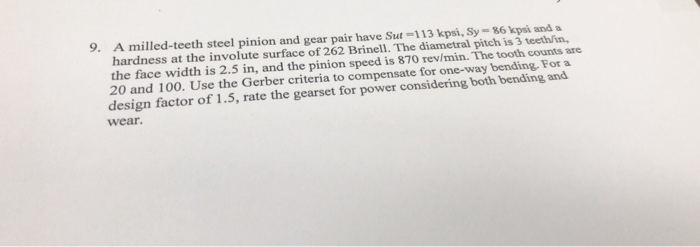 Solved 9. A milled-teeth steel pinion and gear pair have | Chegg.com