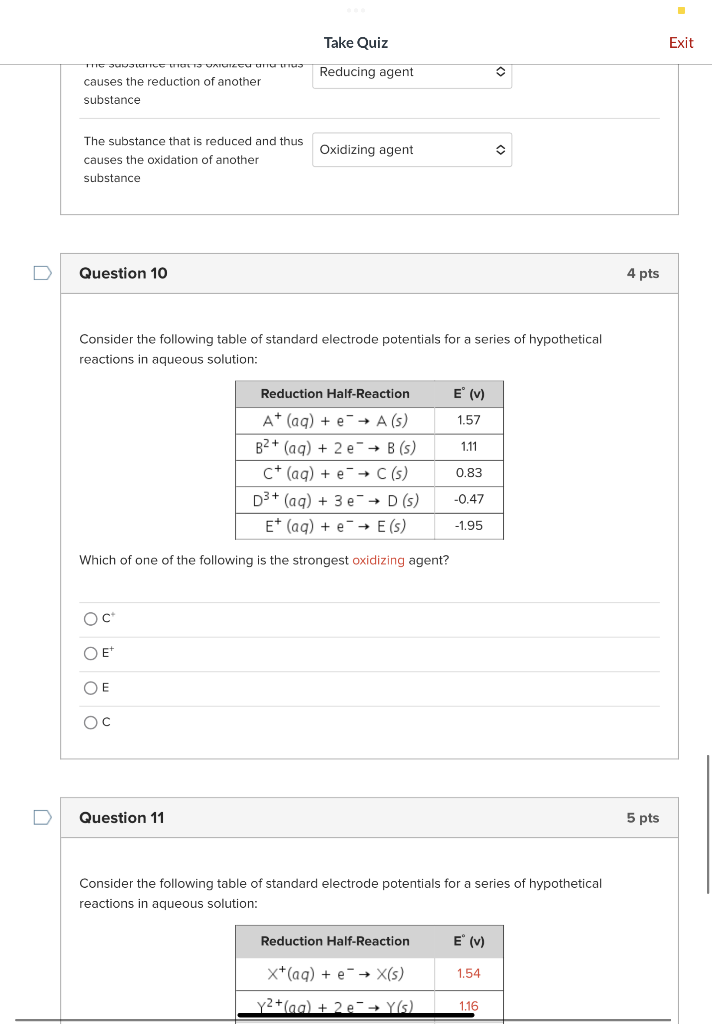 Solved Consider The Following Table Of Standard Electrode | Chegg.com