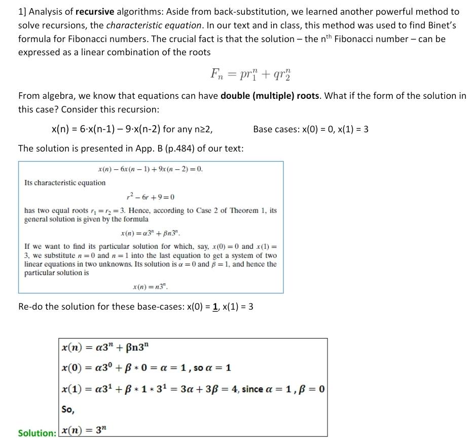 Solved 1] Analysis Of Recursive Algorithms: Aside From | Chegg.com