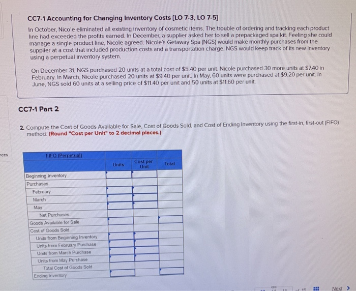 Solved CC7-1 Accounting for Changing Inventory Costs [LO