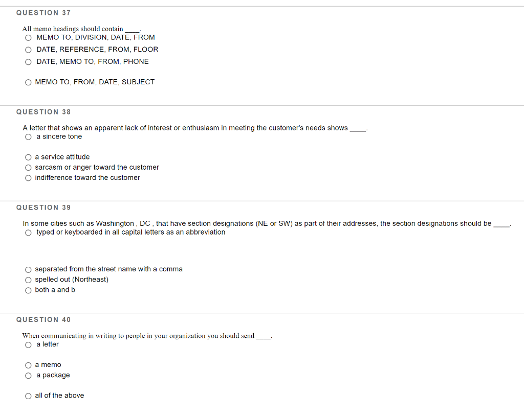 Solved QUESTION 37 All memo headings should contain MEMO TO, | Chegg.com